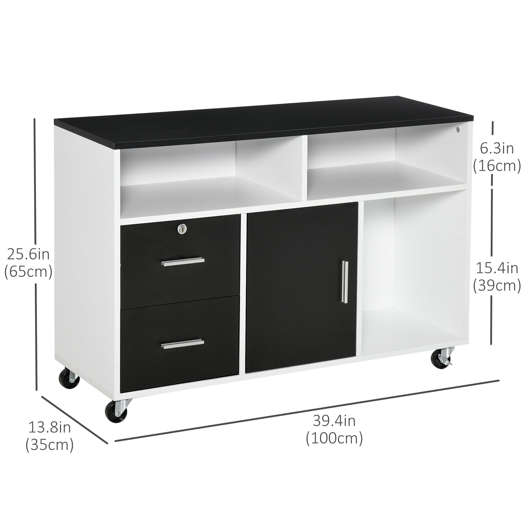 HOMCOM Mobile Lateral Filing Cabinet: Lockable Drawer Printer Stand on Wheels for Home Office, Black