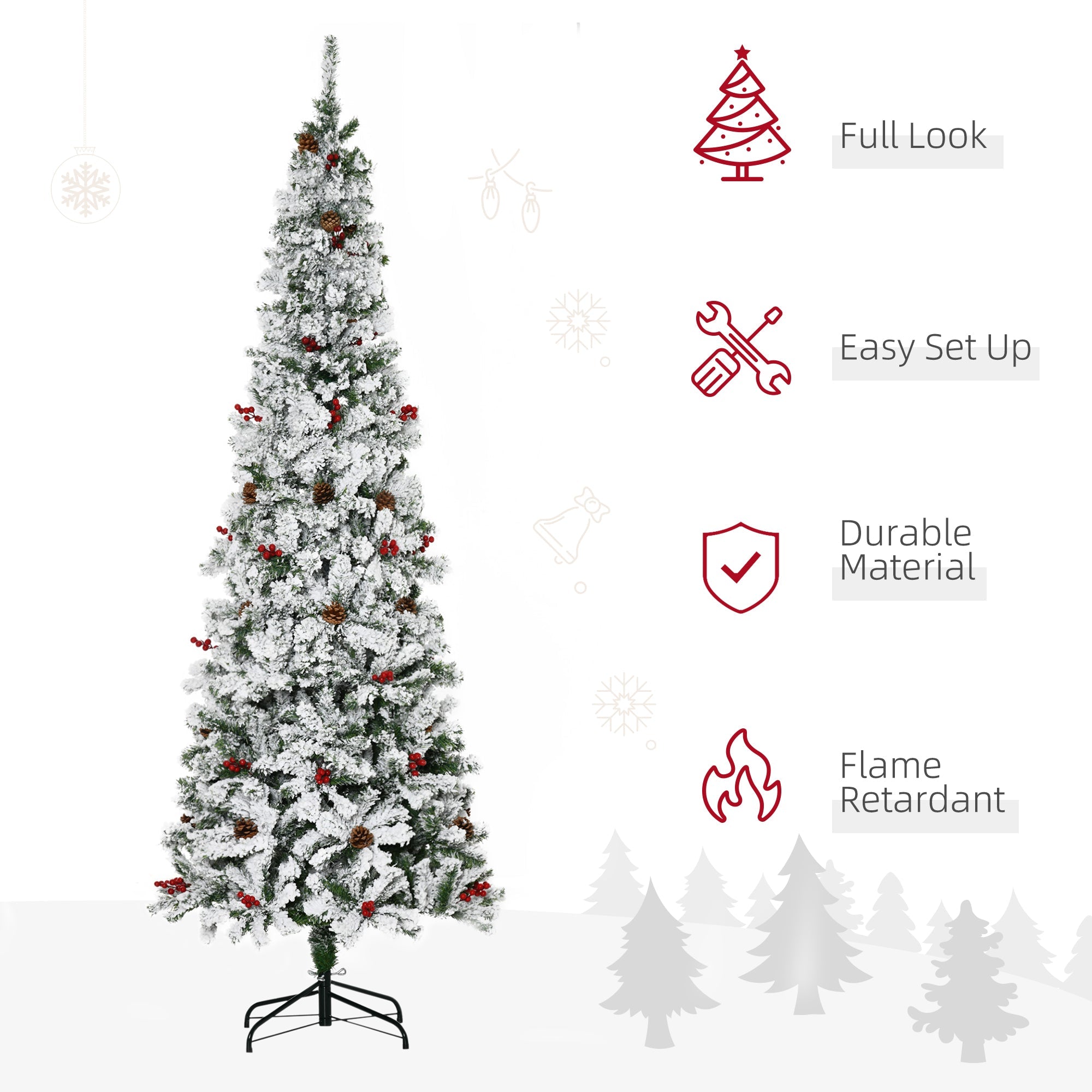 HOMCOM 7.5 Foot Pencil Snow Flocked Artificial Christmas Tree with 950 Pine Realistic Branches, Pine Cones, Red Berries, Auto Open