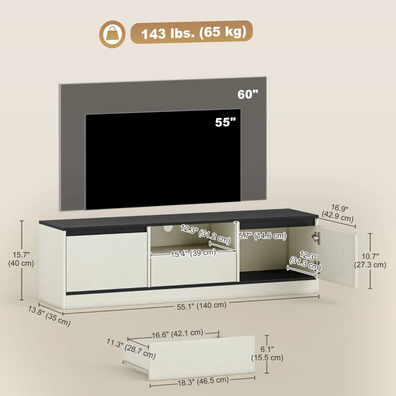 TV Stand for 55-60 Inch TV, Entertainment Center w/ Cabinets, Shelf, Drawer and Cable Management for Living Room, White