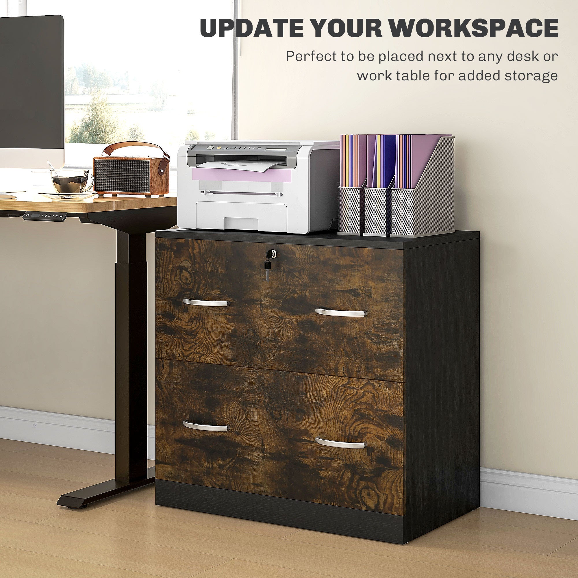 Vinsetto 2 Drawer File Cabinet with Lock, Office Filing Cabinet, Hanging Bar for Letter Size, Home Office, Rustic Brown