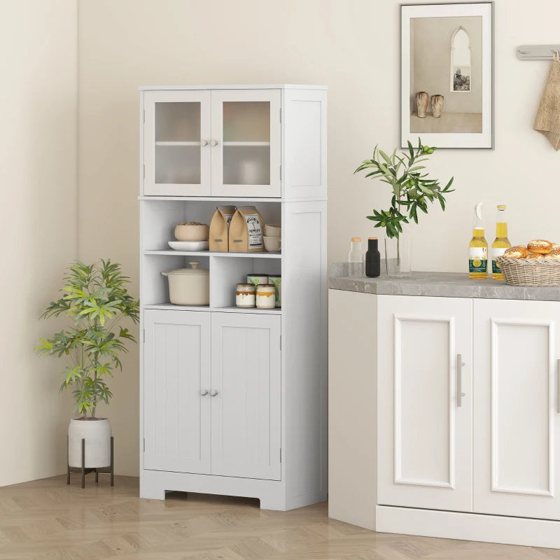 57" Kitchen Pantry, Freestanding Pantry Storage Cabinet with Glass Doors, Adjustable Shelves, Open Compartments, White