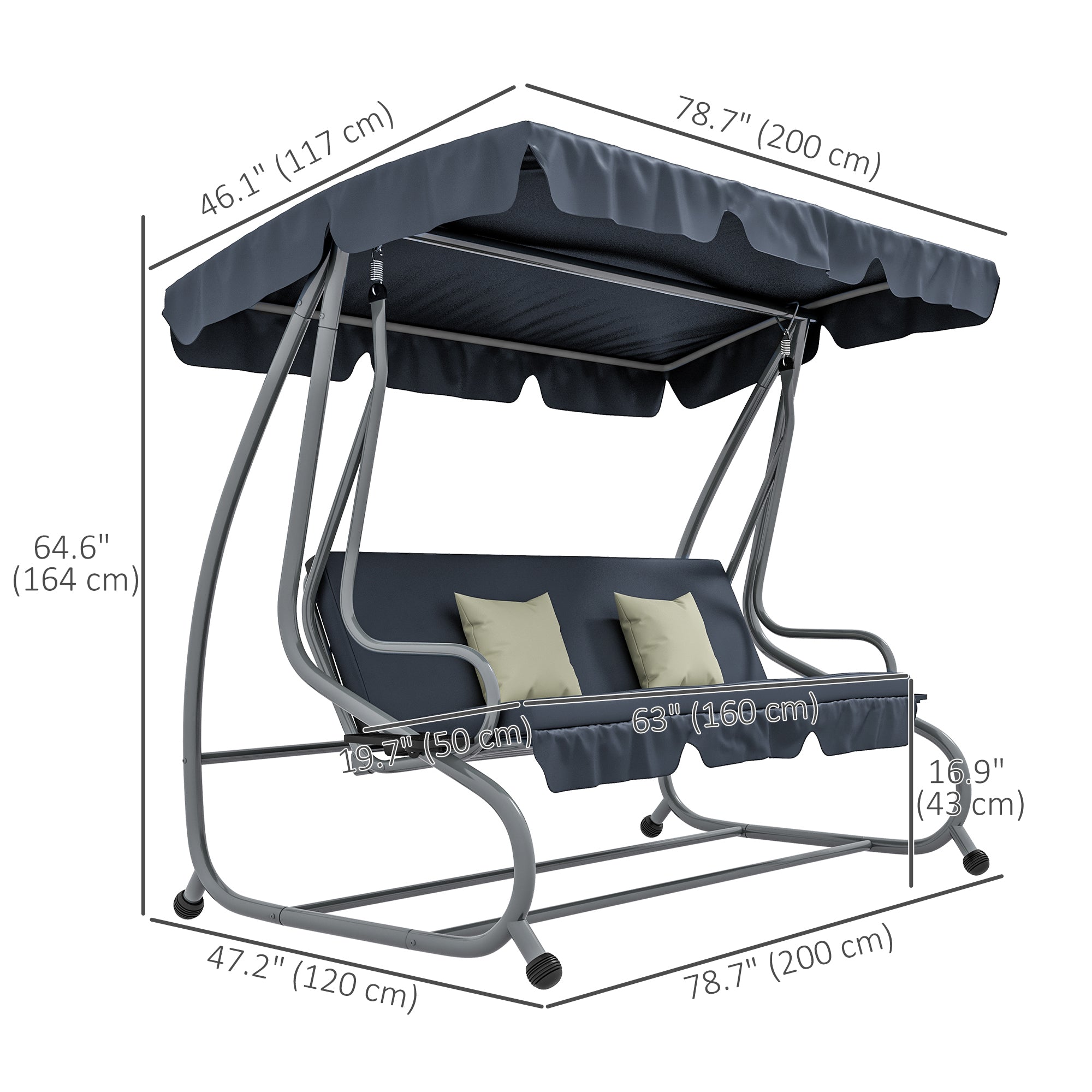 Outsunny Patio Swing Chair 3-Seat Outdoor with Convertible Flat Bed Adjustable Canopy Cushions Cup Holder Dark Grey