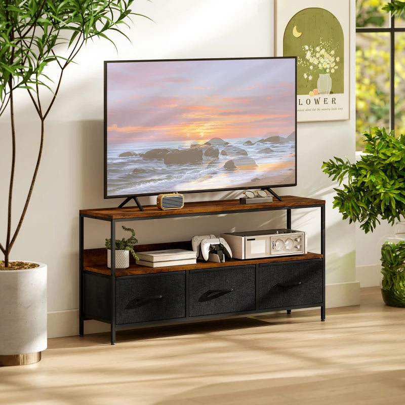 TV Stand with Charging Station, TV Table with 3 Foldable Linen Drawers and Open Shelf for 55 Inch Television, Rustic Brown