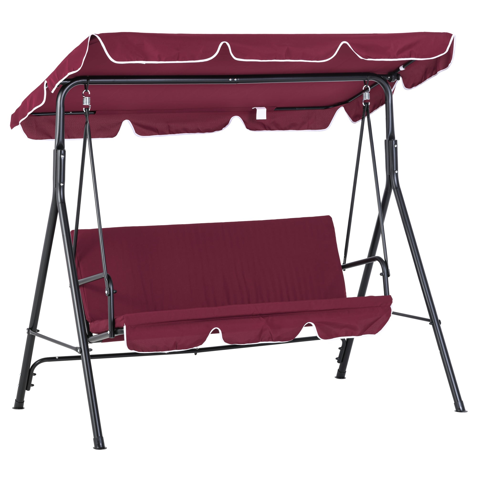 Outsunny Meatal 3-Seater Outdoor Porch Swing with Stand Cushioned Garden Lounger Patio Hammock with Frame and Canopy, Wine Red