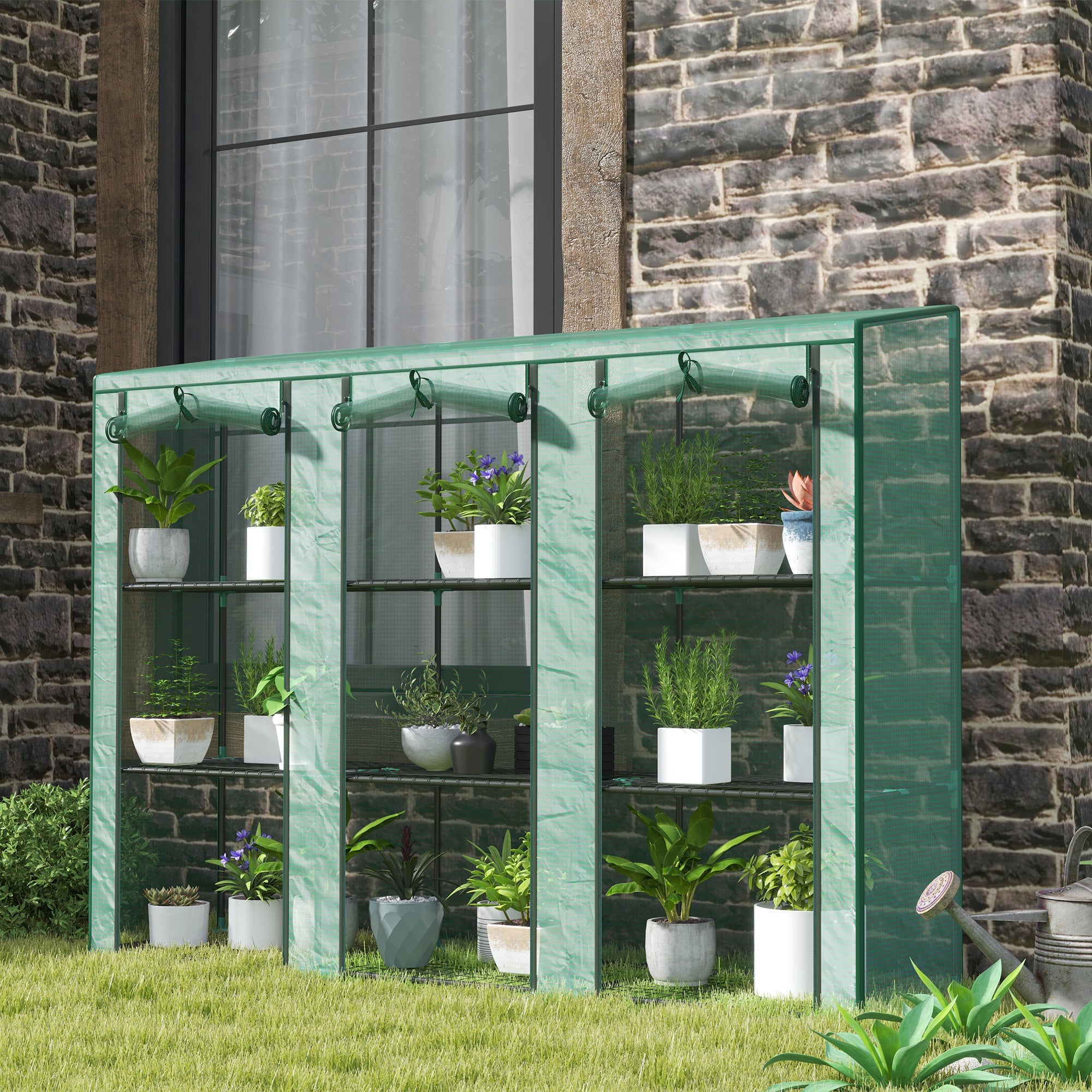 Outsunny Lean-to Greenhouse with 3 Tier Shelves, Mini Greenhouse with 3 Roll-Up Doors for Indoor Outdoor, Green