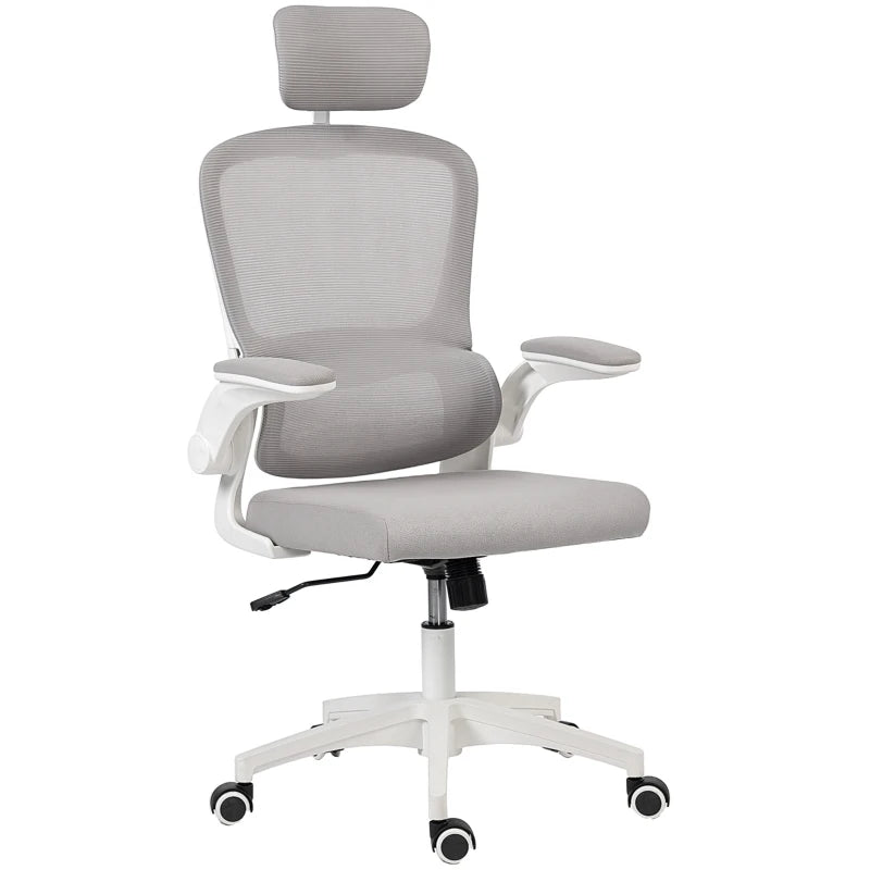 Ergonomic Mesh Office Chair, High Back Desk Chair with Rotatable Headrest, Flip-Up Armrests, Lumbar Support, Grey