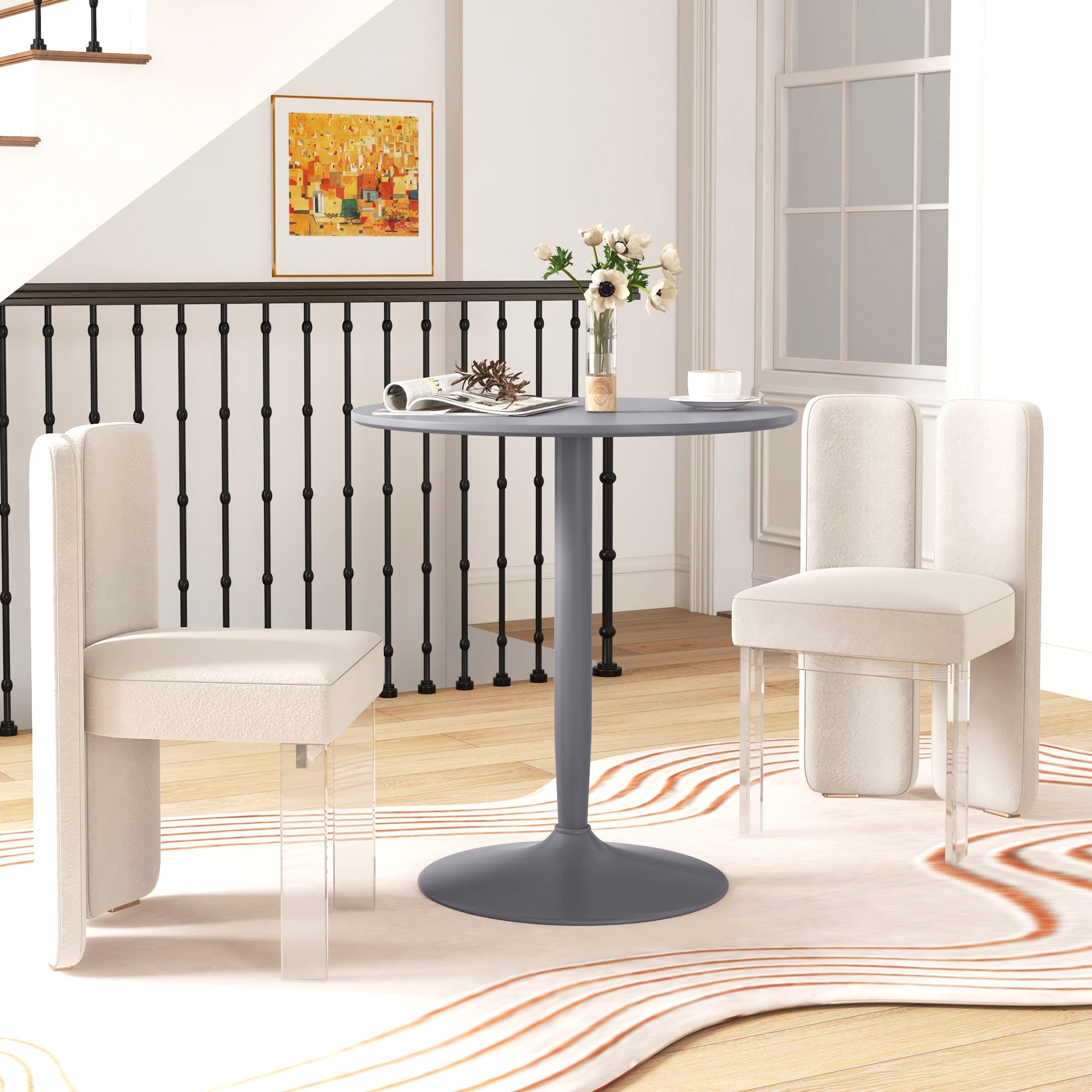 HOMCOM Modern Round 2 Person Dining Table Steel Base for Living Room Grey