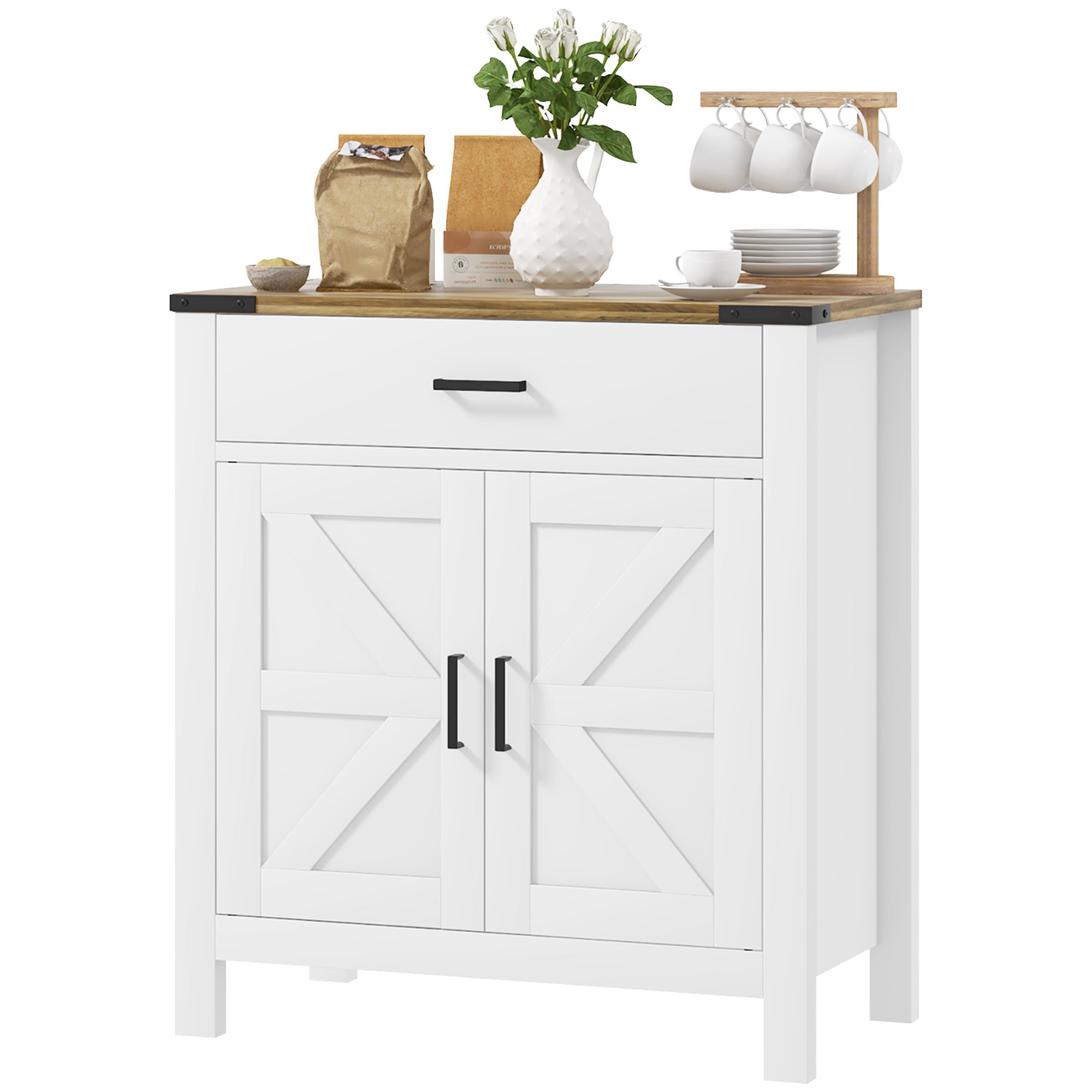 HOMCOM Farmhouse Buffet Cabinet Sideboard with 1 Drawer, 1 Storage Cabinet and Adjustable Shelf, White