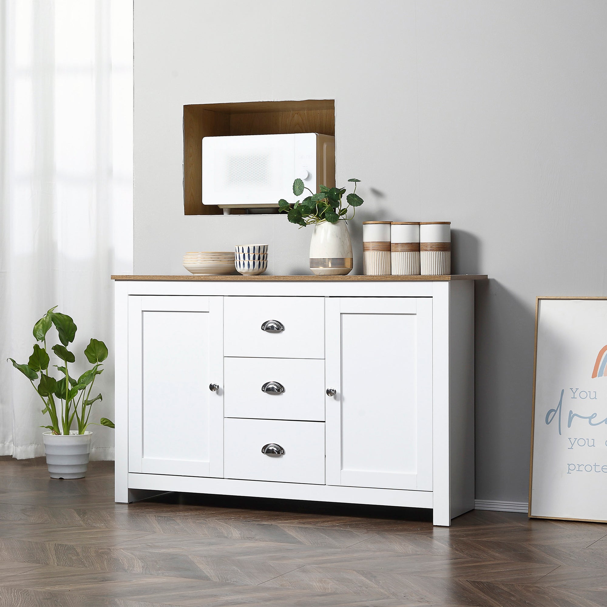 HOMCOM Modern White Buffet Cabinet: Sideboard Bar Cabinet with 3 Drawers and Adjustable Shelves for Kitchen