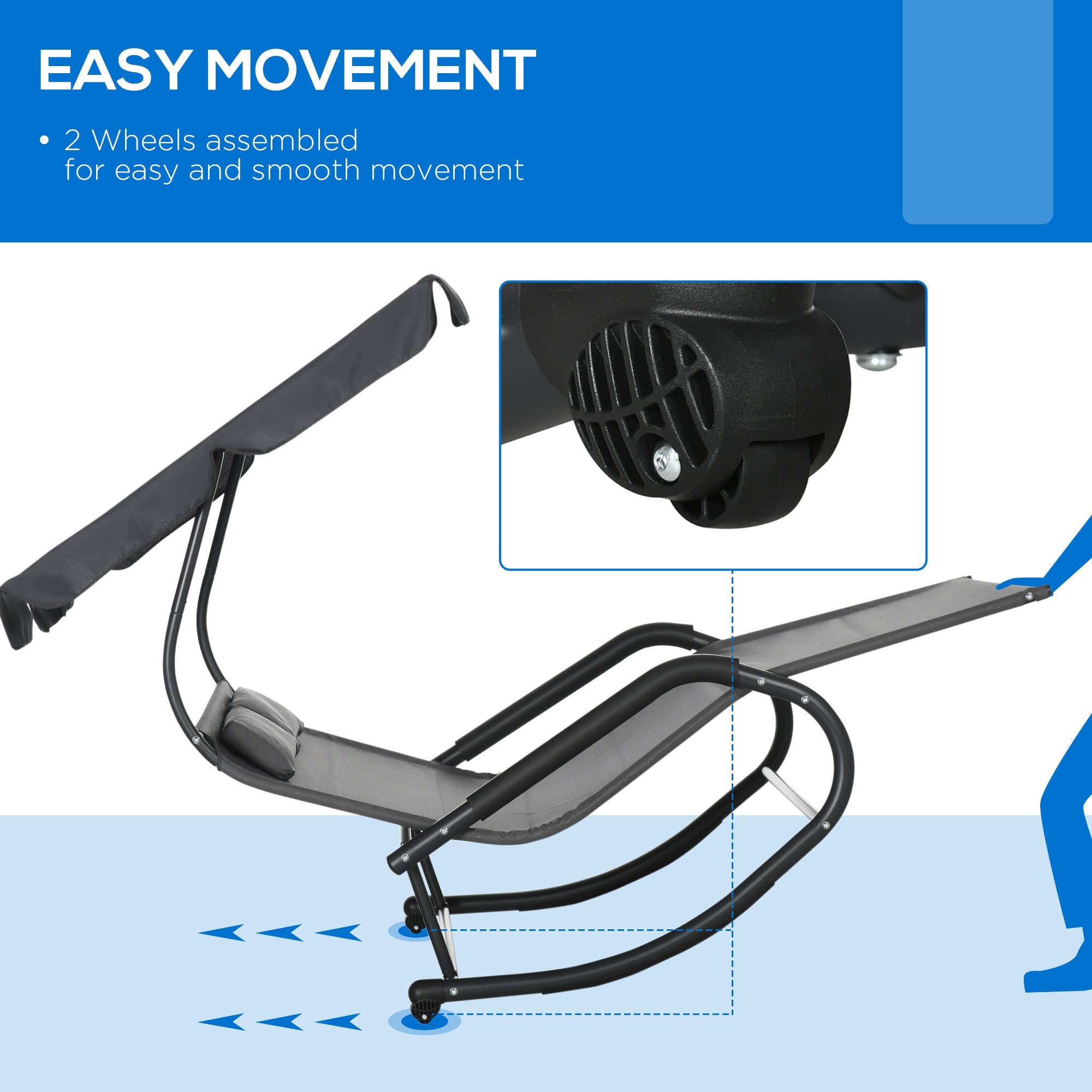 Outsunny Outdoor Double Chaise Lounge Sunbed w Adjustable Canopy Detachable Pillows Wheels Dark Gray