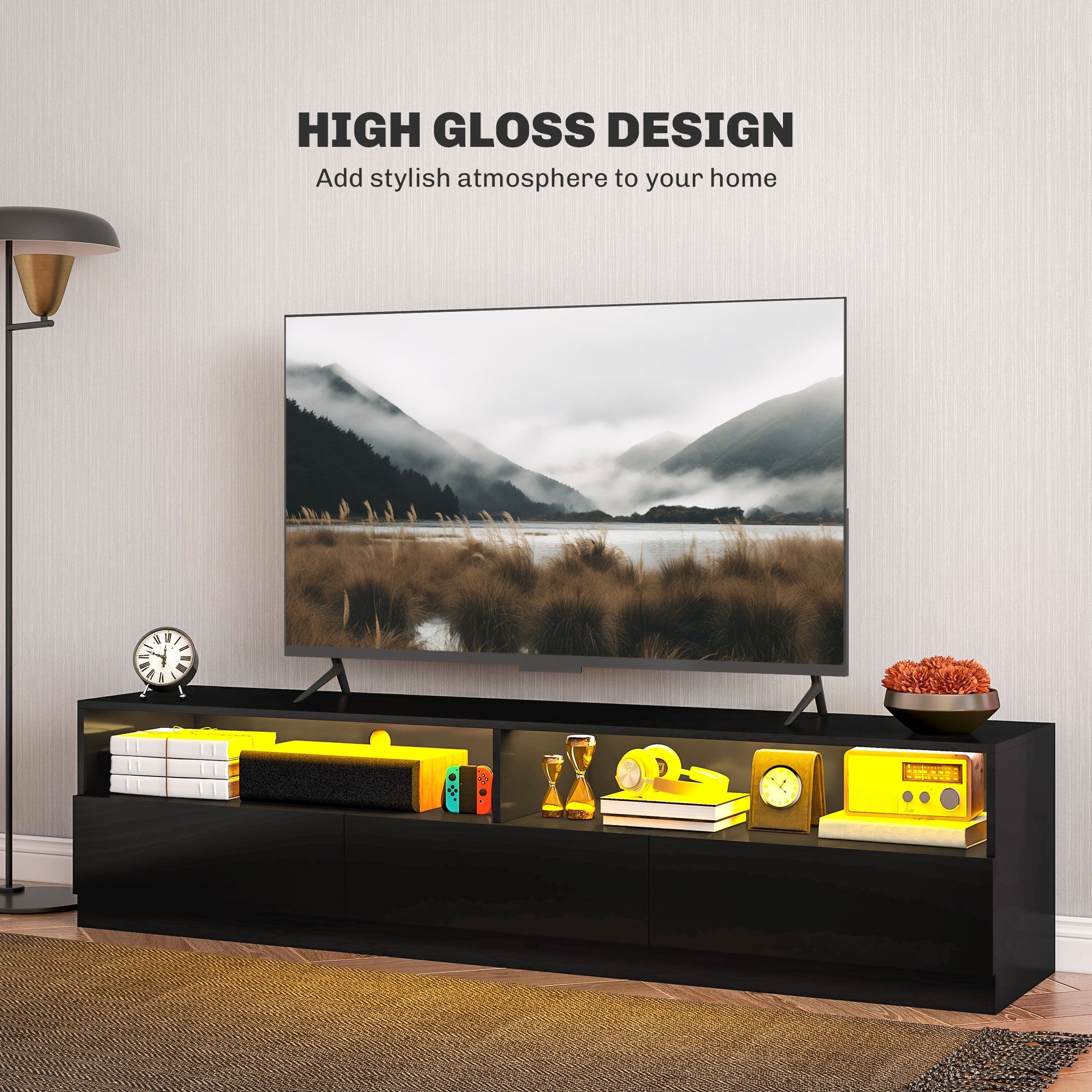 HOMCOM LED Lighted TV Stand for TVs up to 75", Modern TV Cabinet with Storage Drawers for Living Room, High Gloss Black