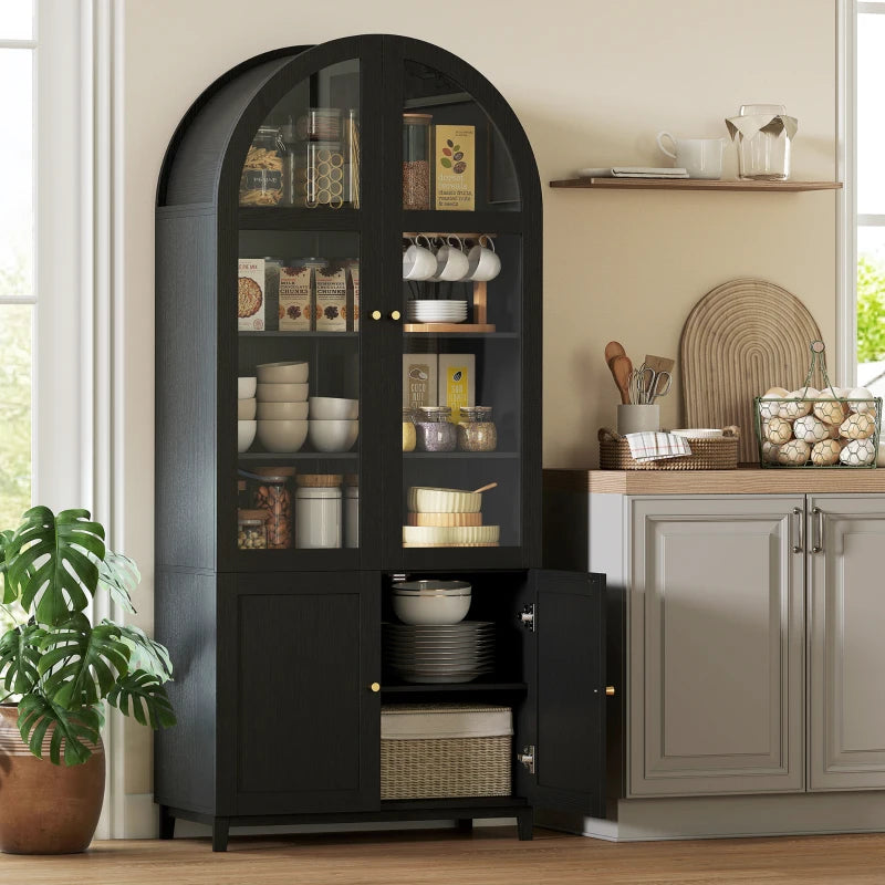 Arched Kitchen Pantry Cabinet, 71" Tall Farmhouse Kitchen Storage Cabinet with Acrylic Glass Doors, Black