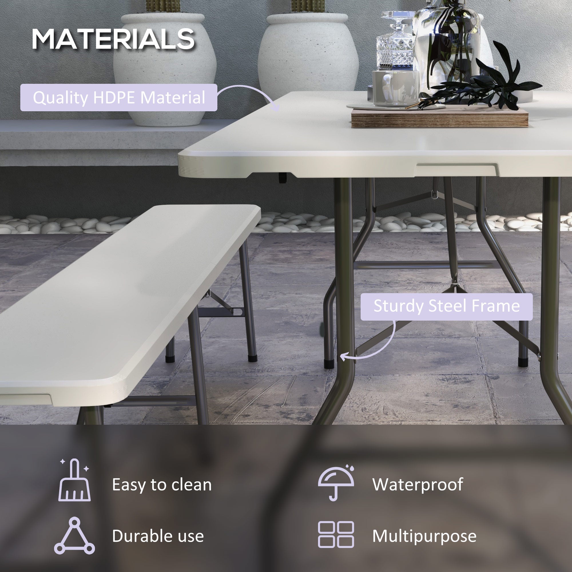 Outsunny 72" Folding Picnic Table Set, 2 Benches, 3-Piece Outdoor HDPE German Style Biergarten Foldable Beer Table for 6, White