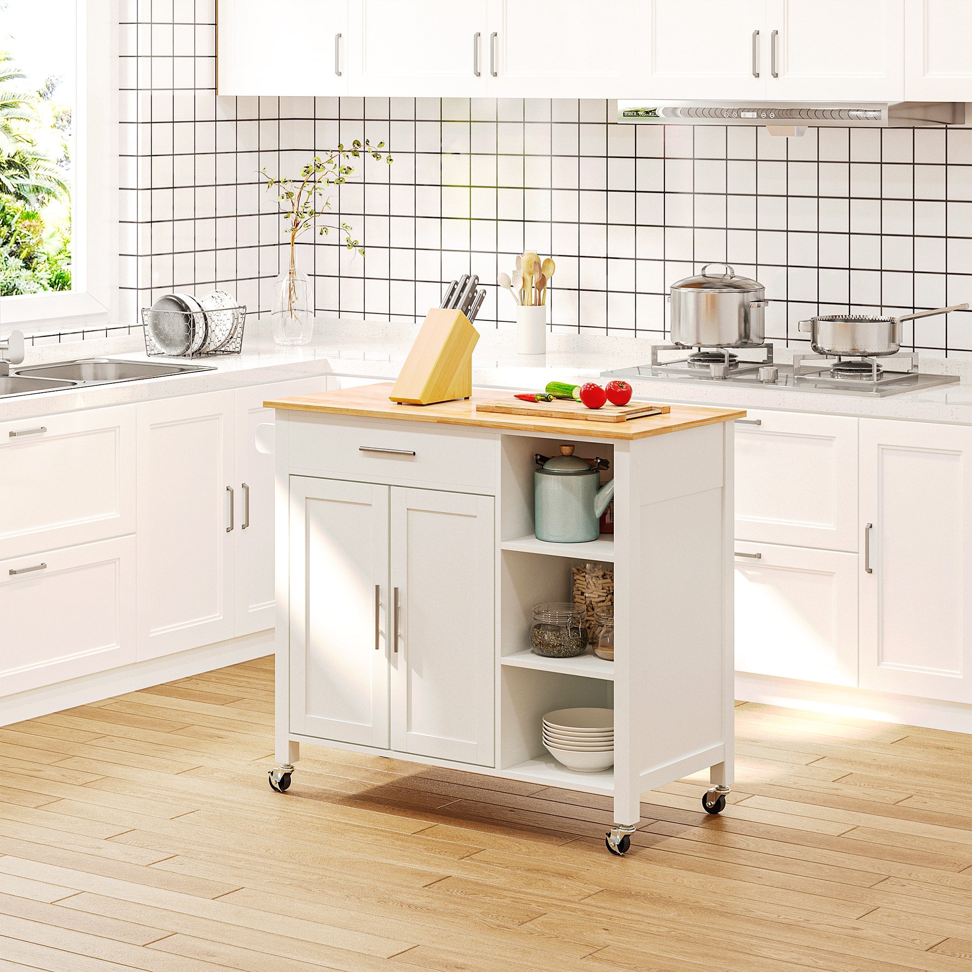 HOMCOM Versatile Valet: Wooden Rolling Kitchen Island with 360° Swivel Wheels, Dining Cart with Drawer, White Finish