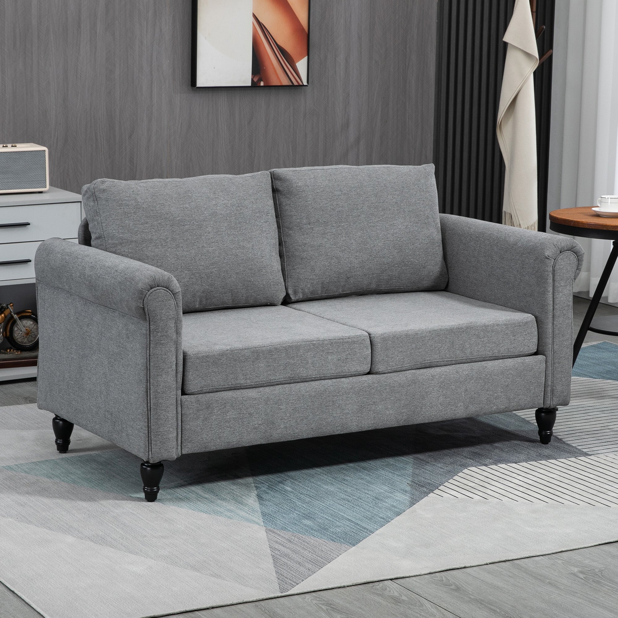 HOMCOM Stylish Loveseat with Curved Armrests Upholstered 2 Seater Sofa with Cushions Rubber Wood Legs Light Grey
