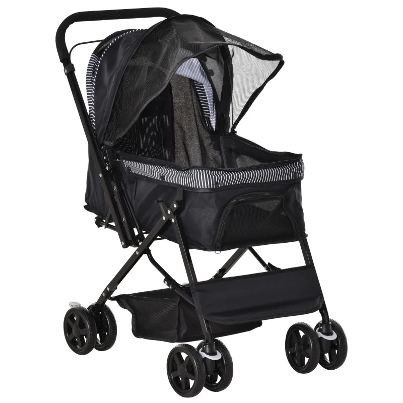 Foldable Cat Dog Travel Carriage, 4 Wheels Pet Stroller with EVA Wheel Brake, 3-stage Canopy, Mesh Window Door, Black