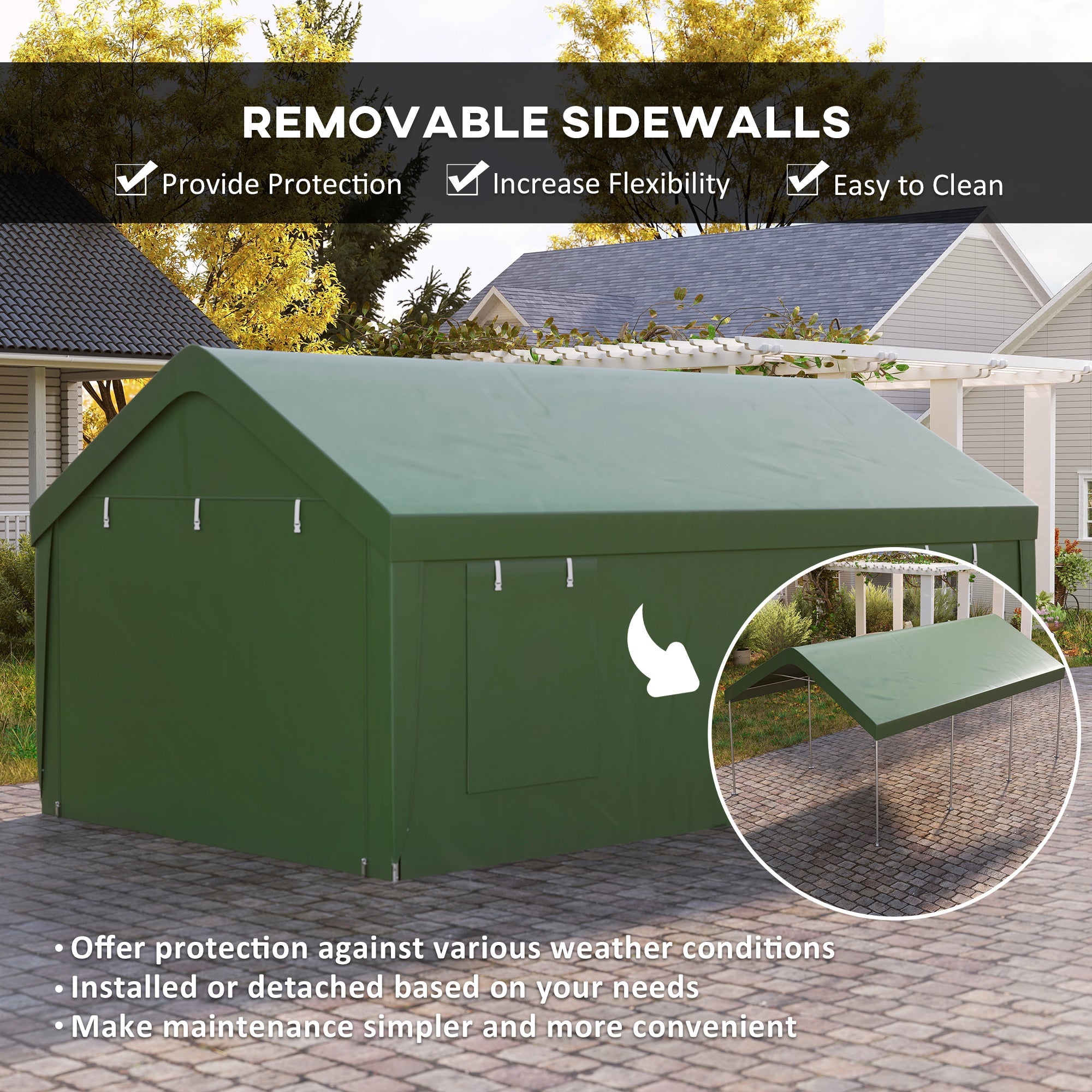 Outsunny 12 x 20ft Carport with 2 Roll-Up Doors, 4 Windows, Portable Garage with Removable Sidewalls for Car, Truck, Dark Green