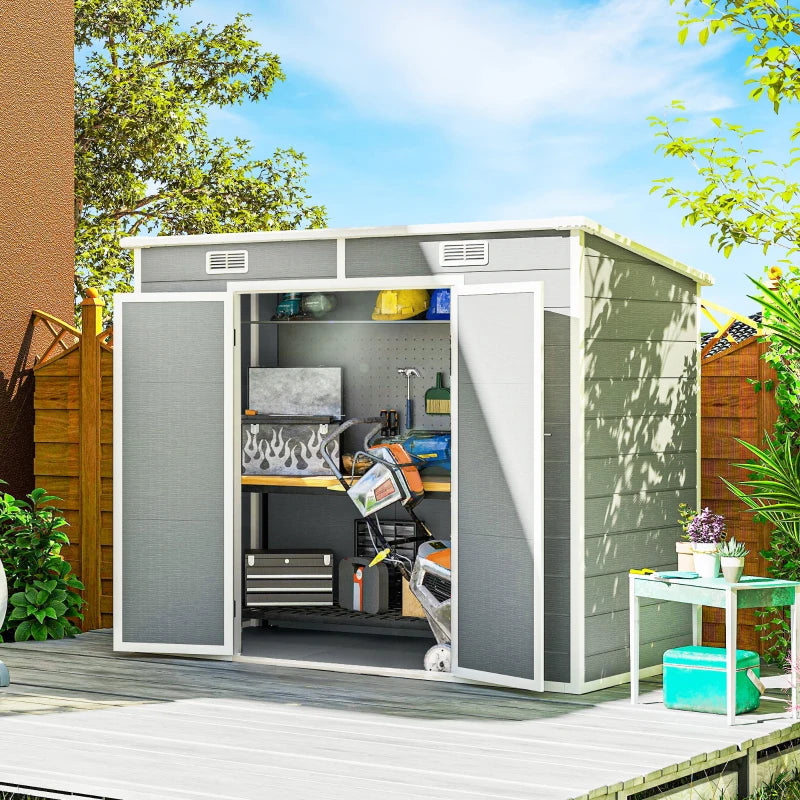 8' x 4' Resin Outdoor Storage Shed with Floor, Window, Lockable Doors and Vents for Backyard Patio Lawn, Light Grey