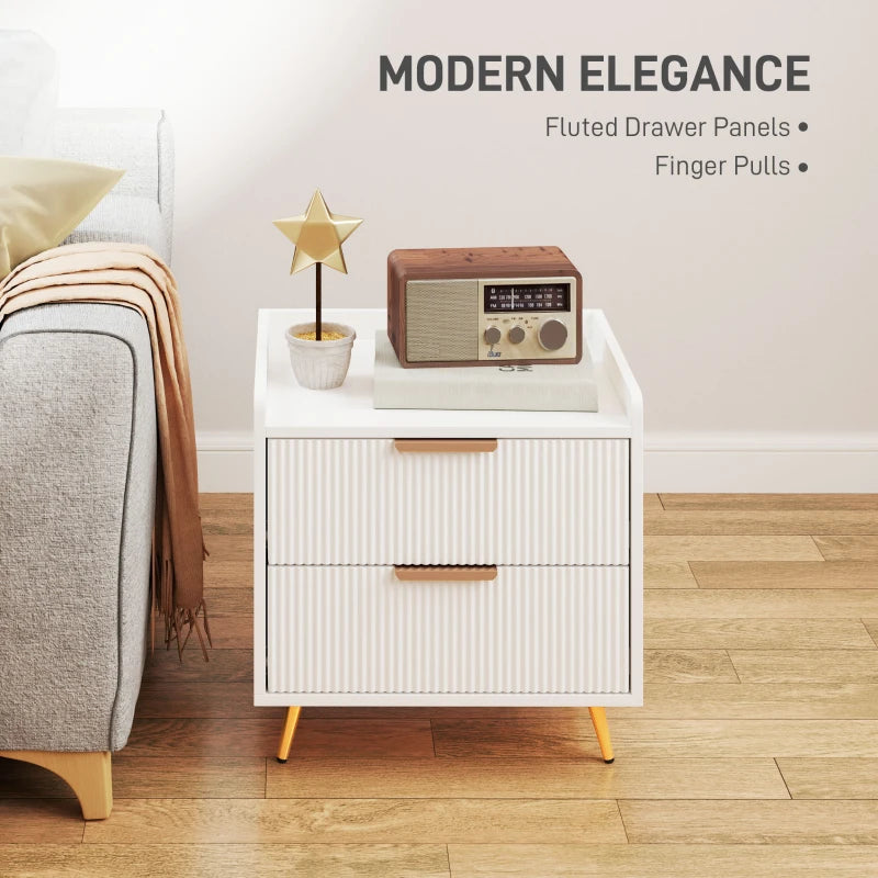 Bedside Table, Nightstand with 2 Drawers, Side End Table with Metal Legs for Bedroom, White
