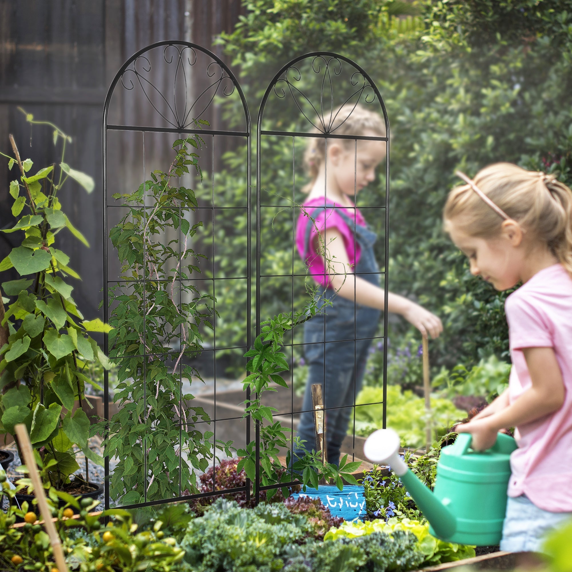 Outsunny Metal Garden Trellis Pack of 2 for Climbing Plants, Arched Grid Trellis Panels, 20" x 60", Black