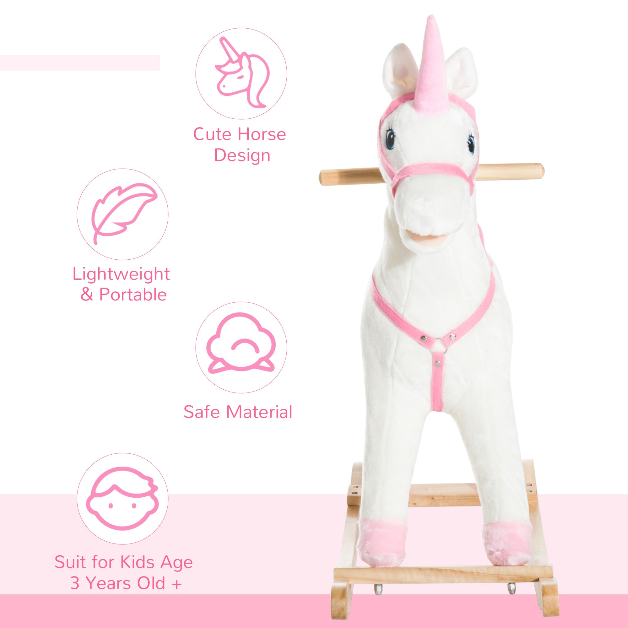 Qaba Kids Plush Toy Rocking Horse Unicorn with Realistic Sounds, White & Pink