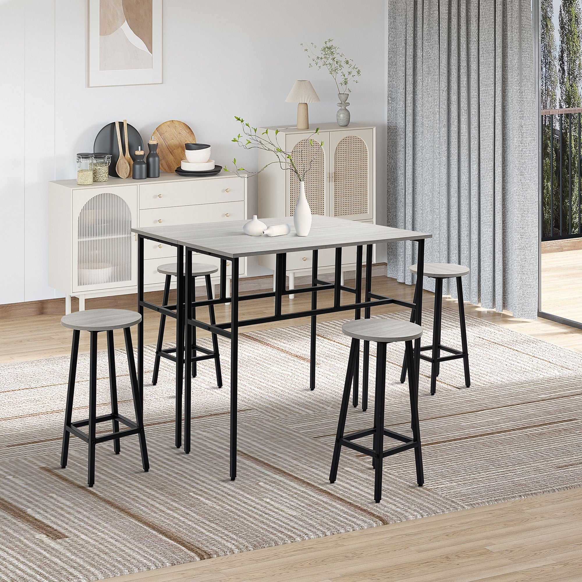 HOMCOM Counter-Height Dining: 6-Piece Set with Breakfast Tables, Chairs for Kitchen, Living Room in Grey Finish
