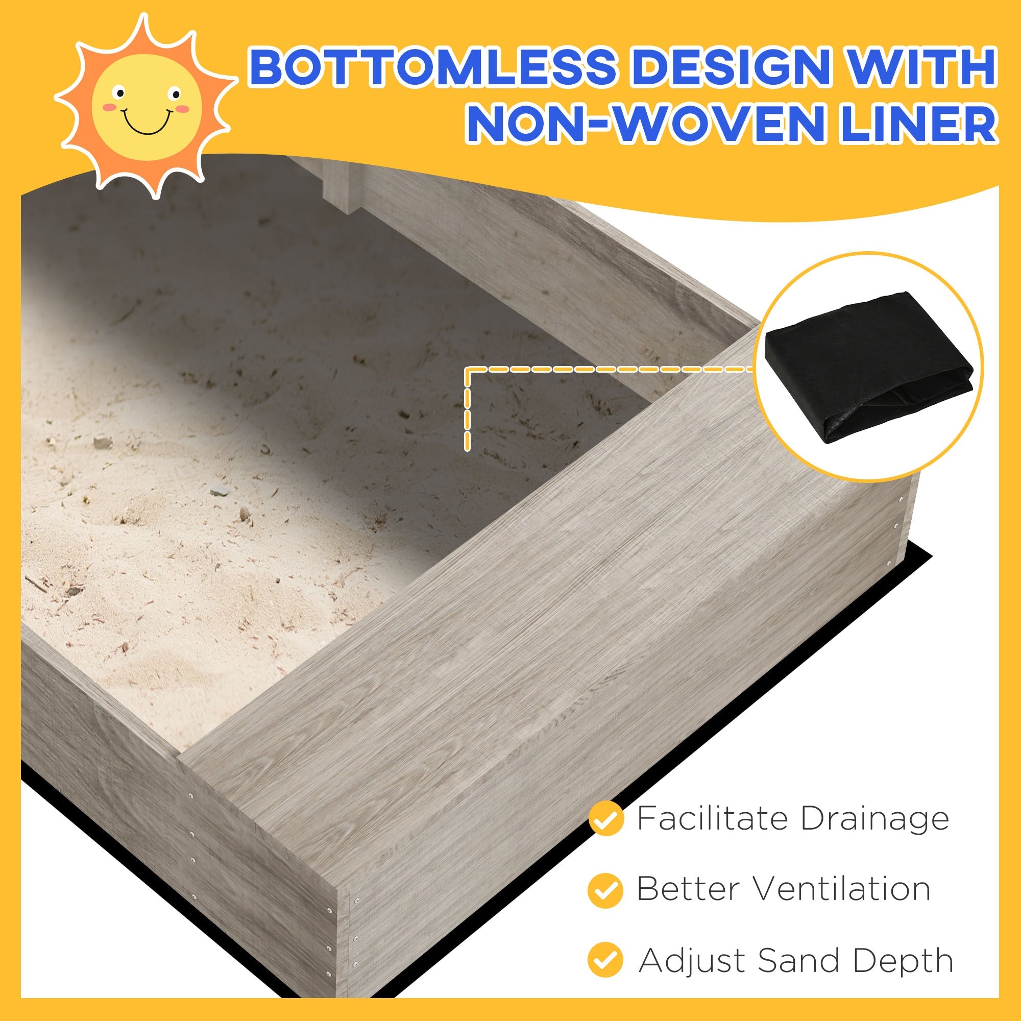 Outsunny Kids Wooden Sandbox with Protective Liner Kitchen Theme for Outdoor Garden Backyard Play