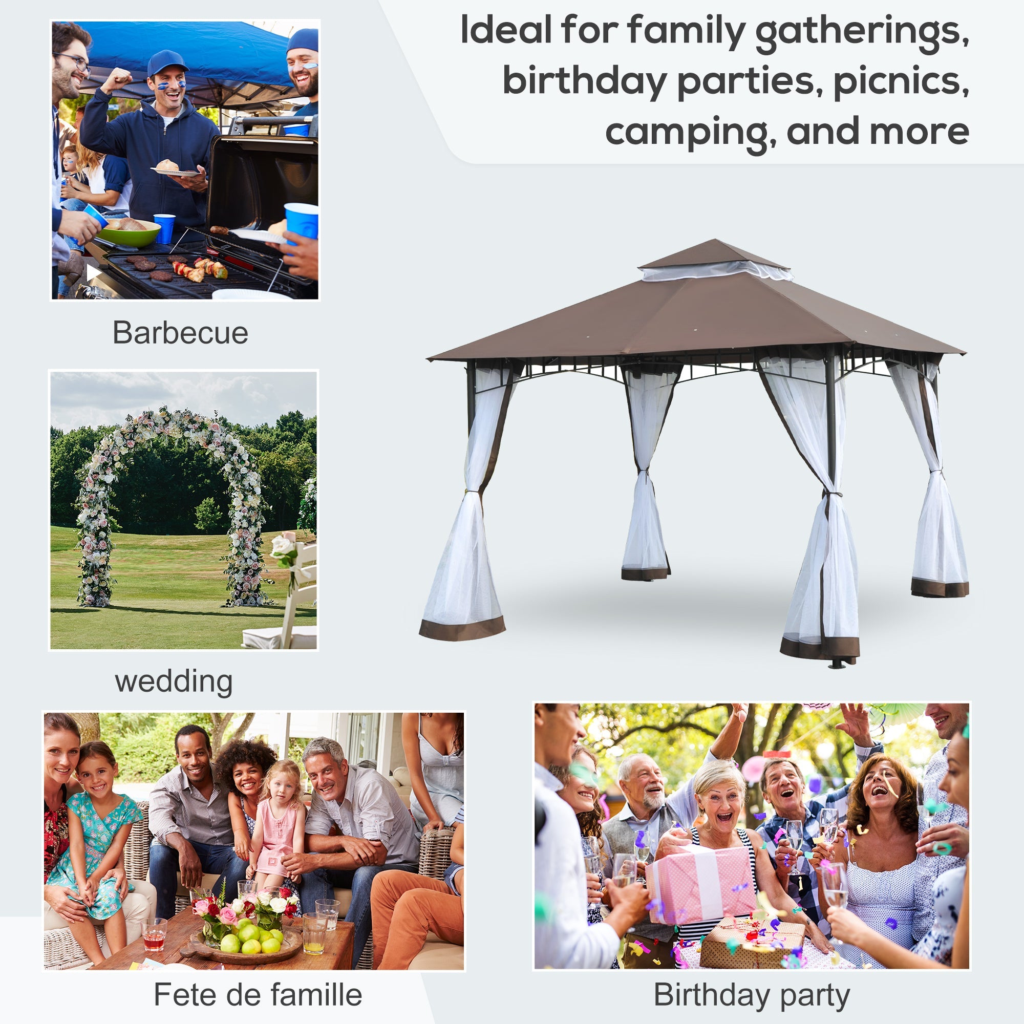 Outsunny 10x10ft Double Tier Garden Gazebo Canopy Outdoor Sunshade Tent Water-Resistant Anti-UV Roof with Metal Frame