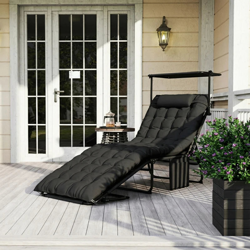 Folding Lounge Chair with Adjustable Canopy, 4-Position Outdoor Tanning Chair with Headrest, Black