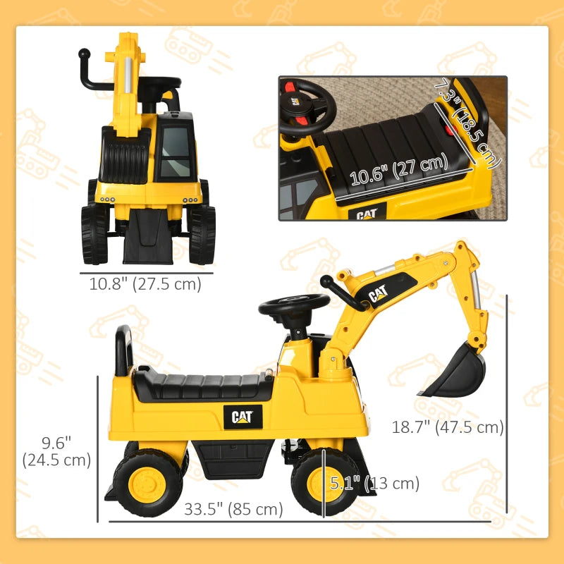 Aosom Kids Excavator Ride on Toy CAT Licensed with Manual Shovel, Horn, Hidden Storage for 18-36 Months, Yellow