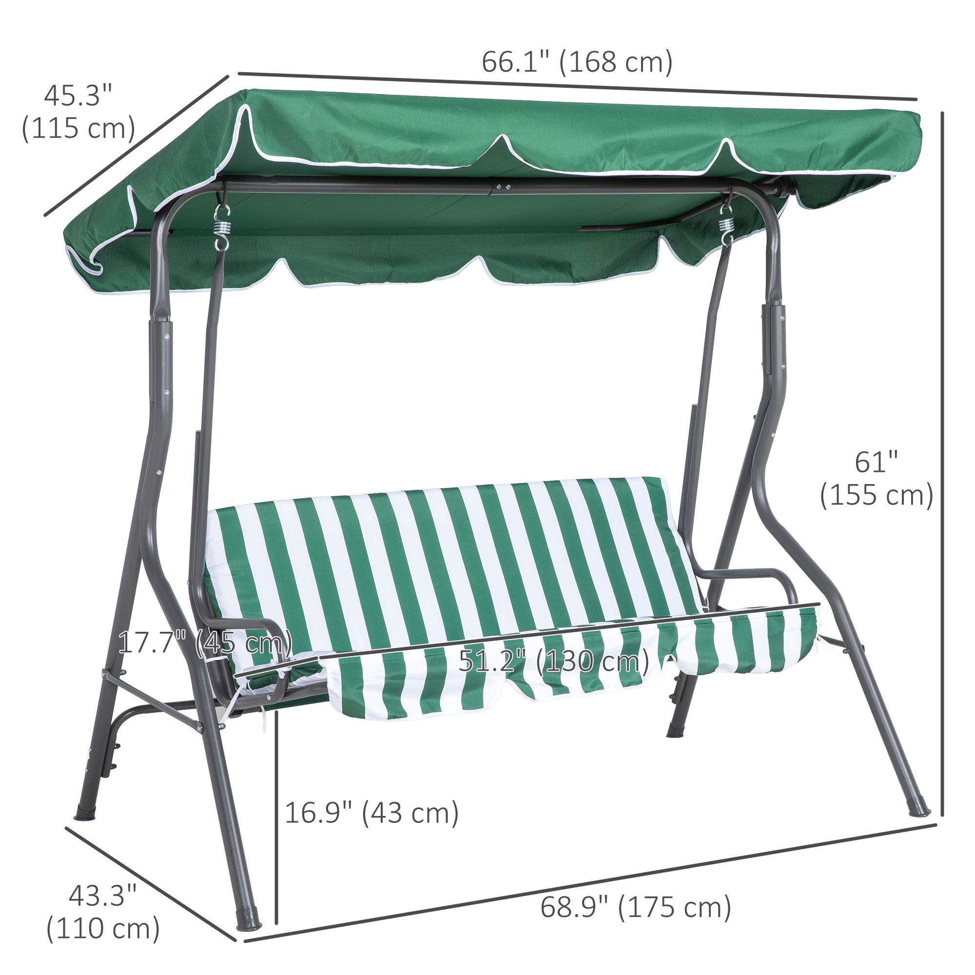 Outsunny 3-Seat Patio Swing Chair, Outdoor Porch Swing Glider with Adjustable Canopy, Removable Cushion, and Weather Resistant Steel Frame, for Garden, Poolside, Green & White