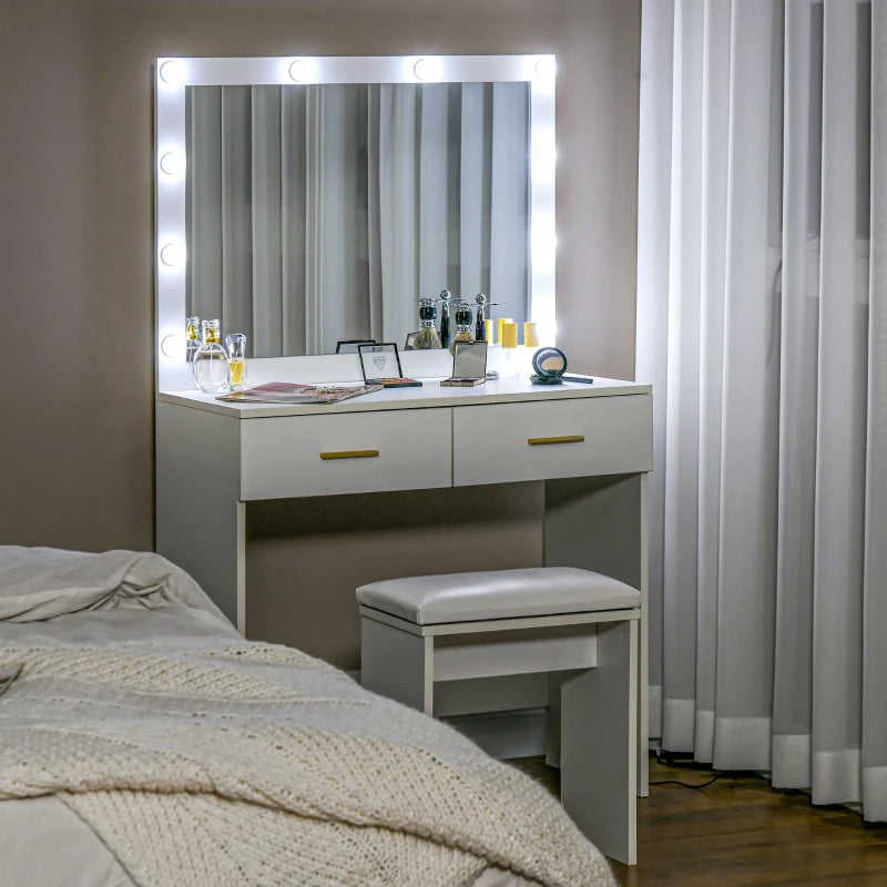 HOMCOM Makeup Vanity Desk Set with Stool, LED Lighted Mirror, 2 Drawers, Modern Dressing Table