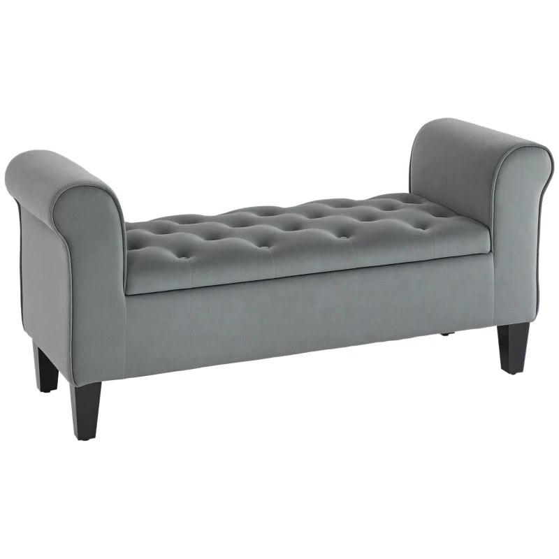 Button Tufted Storage Ottoman Bench, End of Bed Bench with Rolled Arms, Storage Chest for Living Room, Entryway, Grey