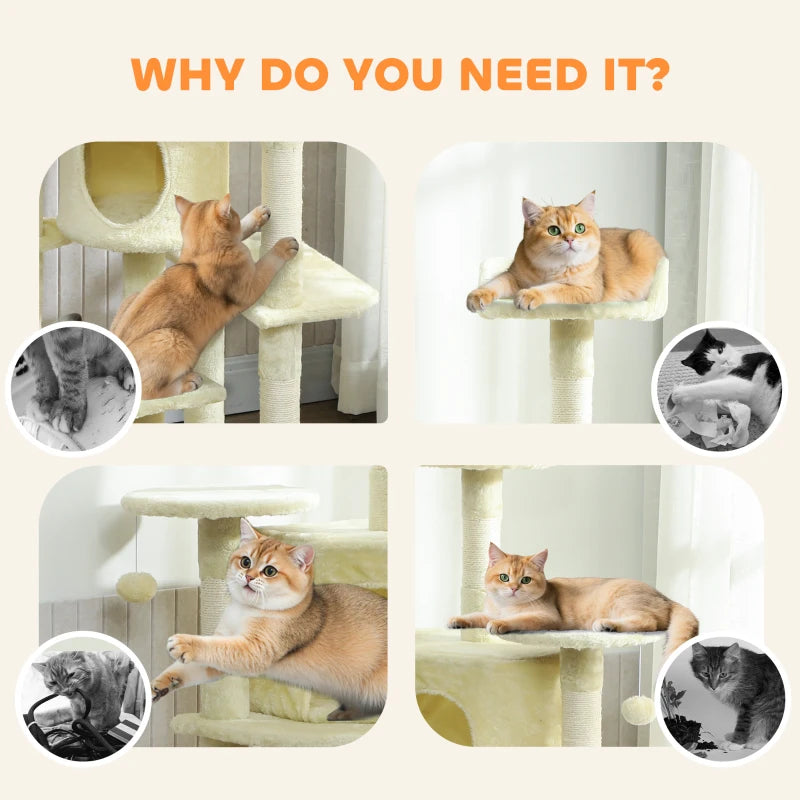 62" Cat Tree with Scratching Post, 2 Condos, Hammock, Perches, Plush, Pompoms, for Indoor Cats, Beige