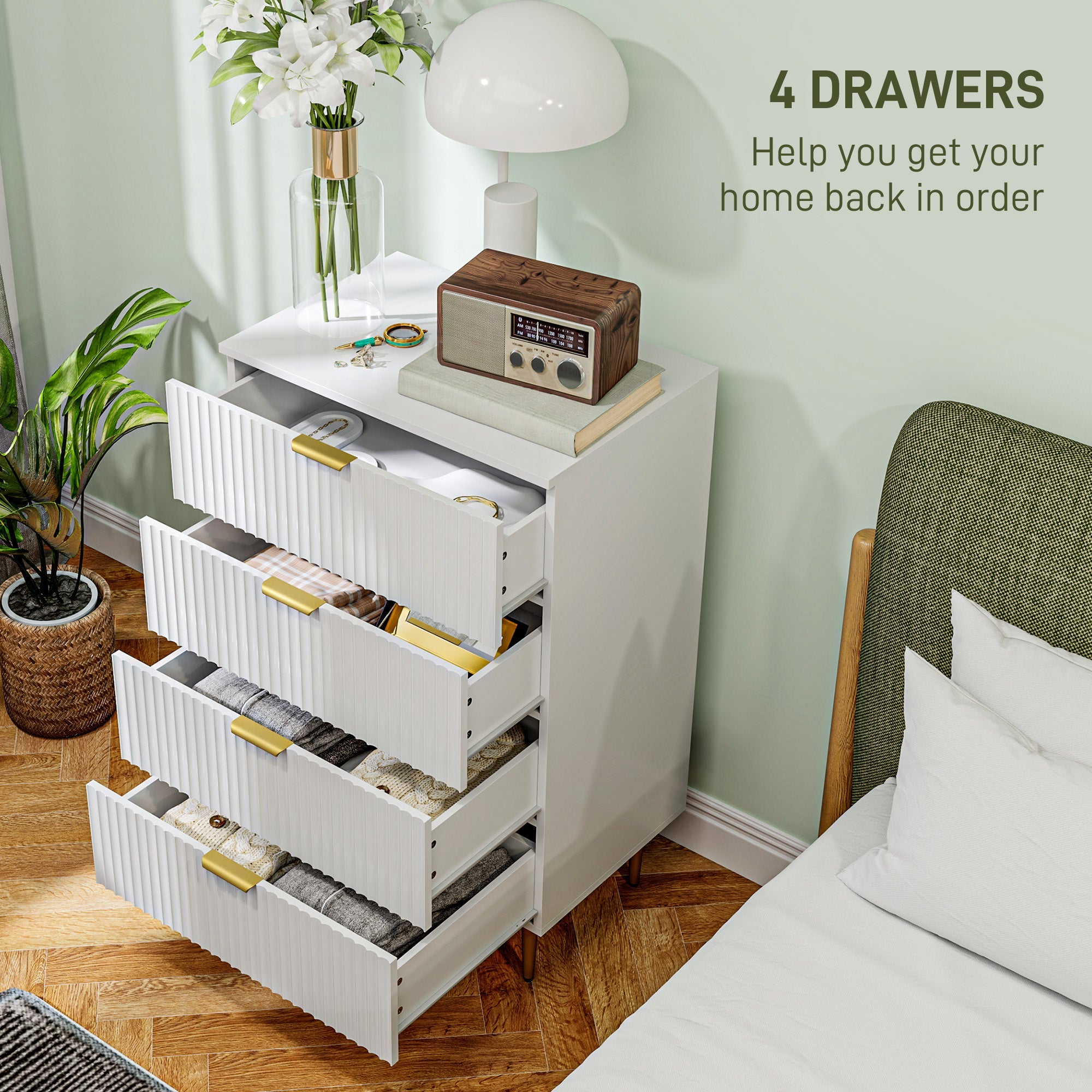 HOMCOM Modern Chest of Drawers 4 Drawer Dresser for Bedroom with Gold Legs and Handles, White