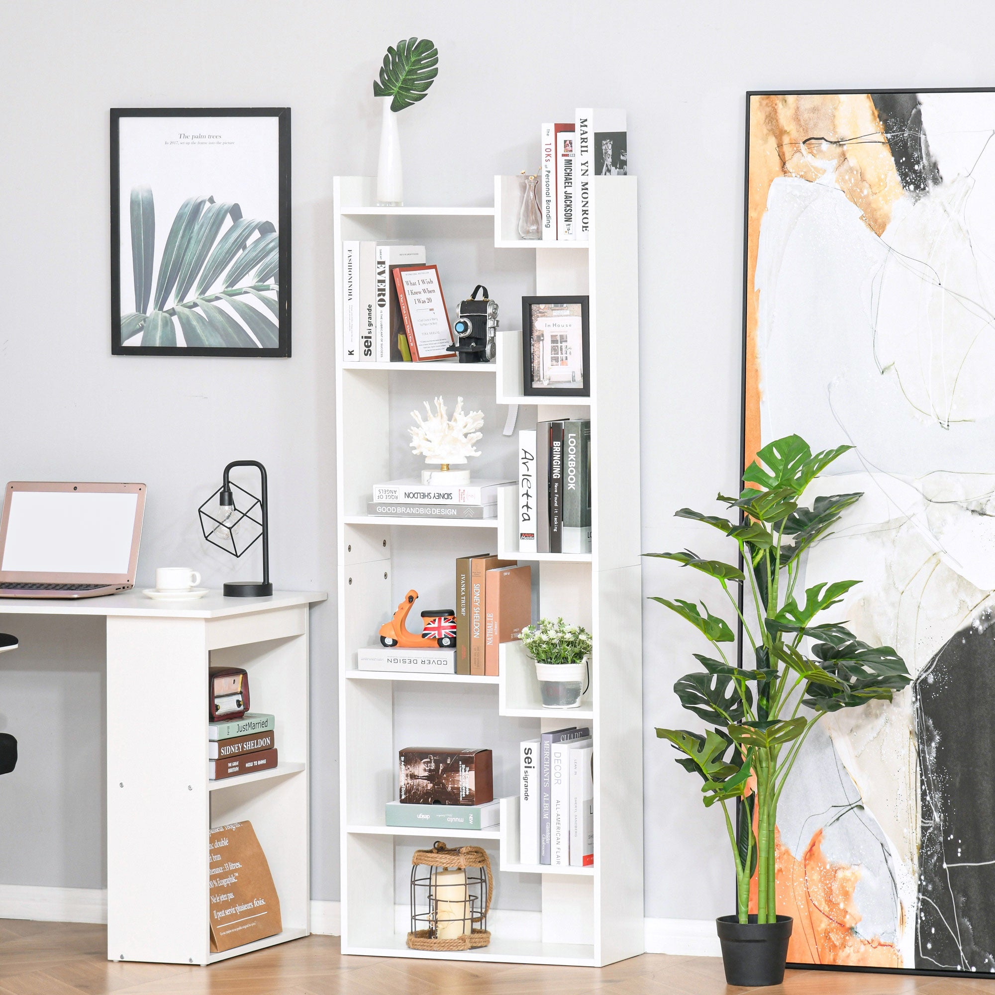 HOMCOM 6-Tier Tall Modern Bookcase: Floor Standing Shelving Unit for Living Room, Home Office, White