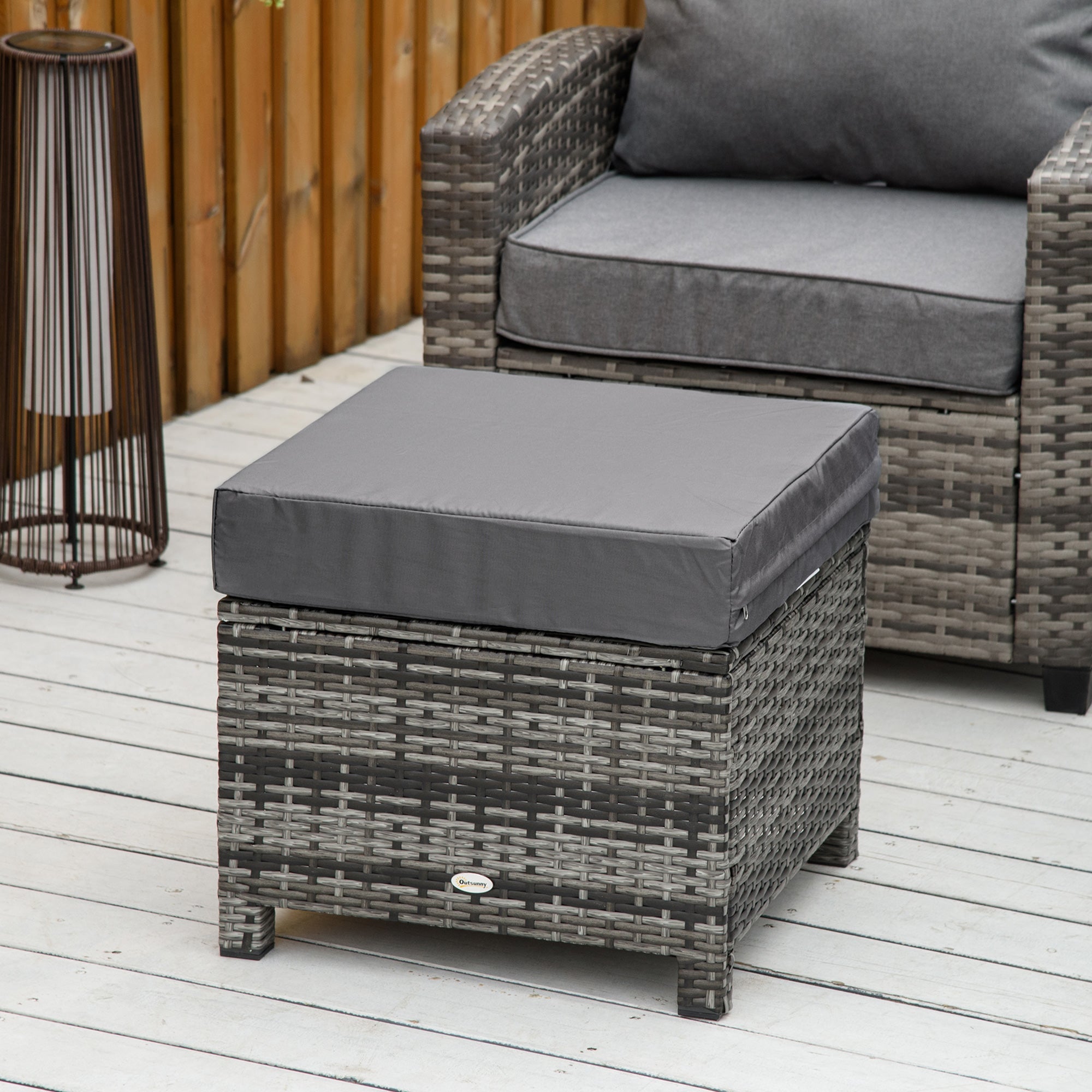 Outsunny Rattan Patio Ottoman, Outdoor Wicker Footrest with Cushion, Metal Frame for Garden, Poolside, Gray
