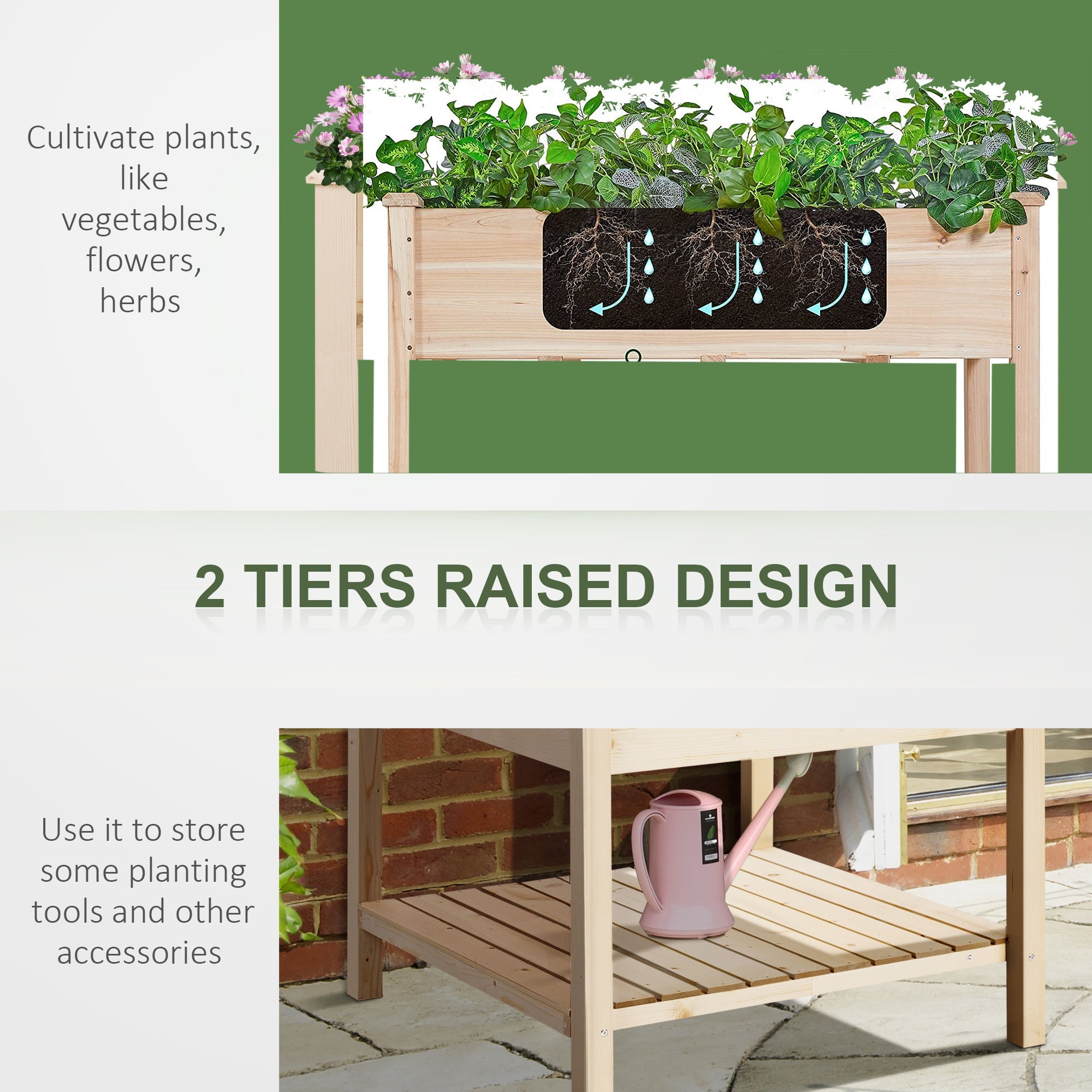 Outsunny Elevated Wooden Planter Box 35.75'' Outdoor Raised Garden Bed with Storage Shelf for Vegetables Flowers Herbs