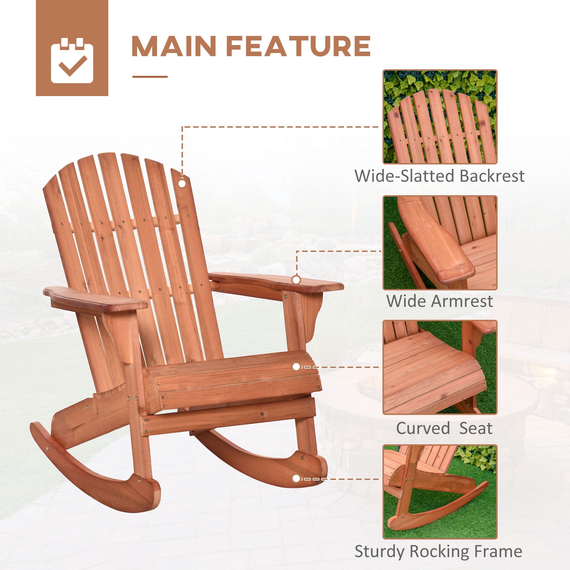 Outsunny Wooden Adirondack Rocking Chair with Slatted Wooden Design, Fanned Back, & Classic Rustic Style, Teak