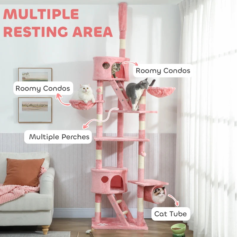 94"-102" Floor to Ceiling Cat Tree High Cat Condo Scratching Post Activity Center Multi-Level Play House Pink