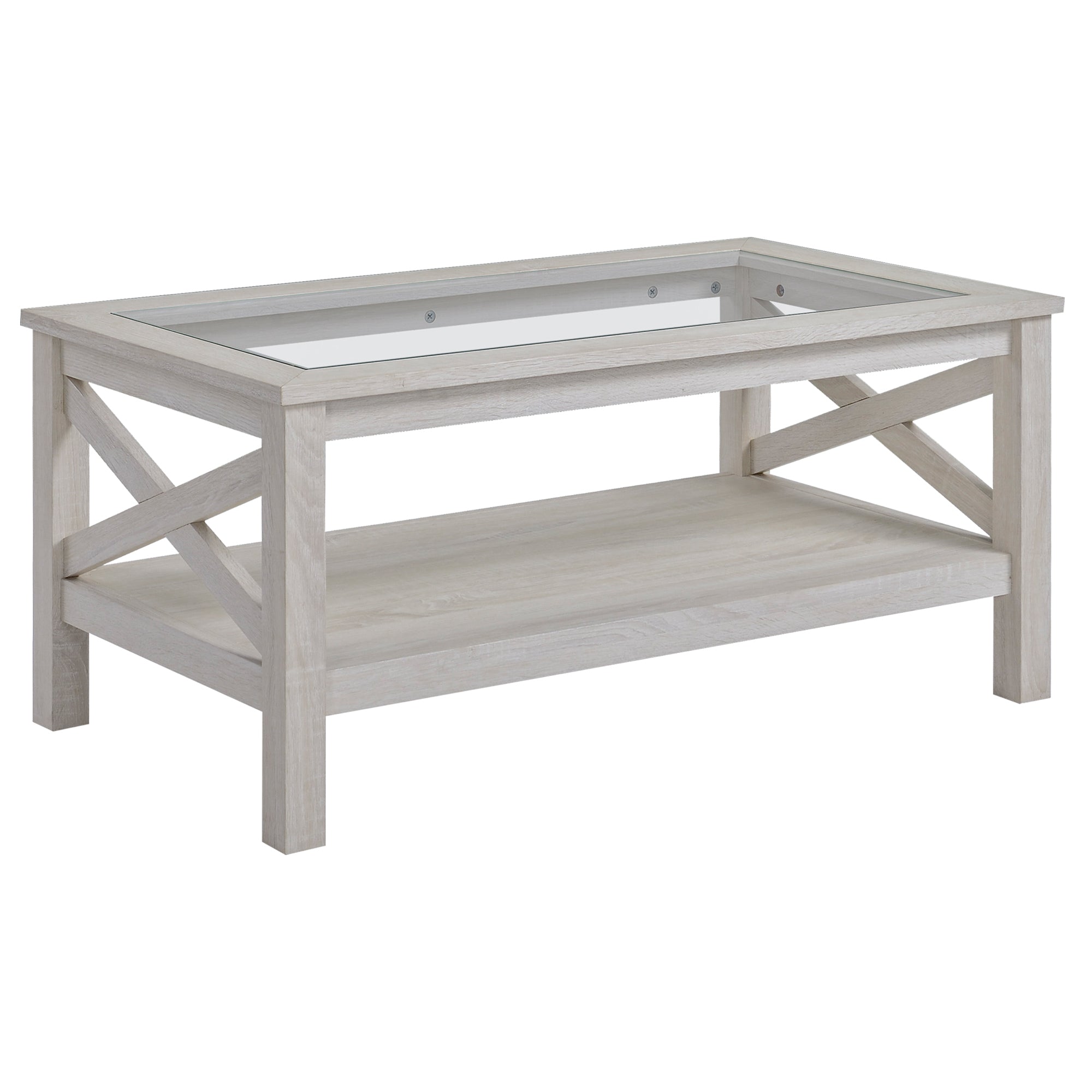 HOMCOM Farmhouse Glass Top Coffee Table: 2-Tier Center Table with Bottom Storage Shelf for Living Room, Bedroom