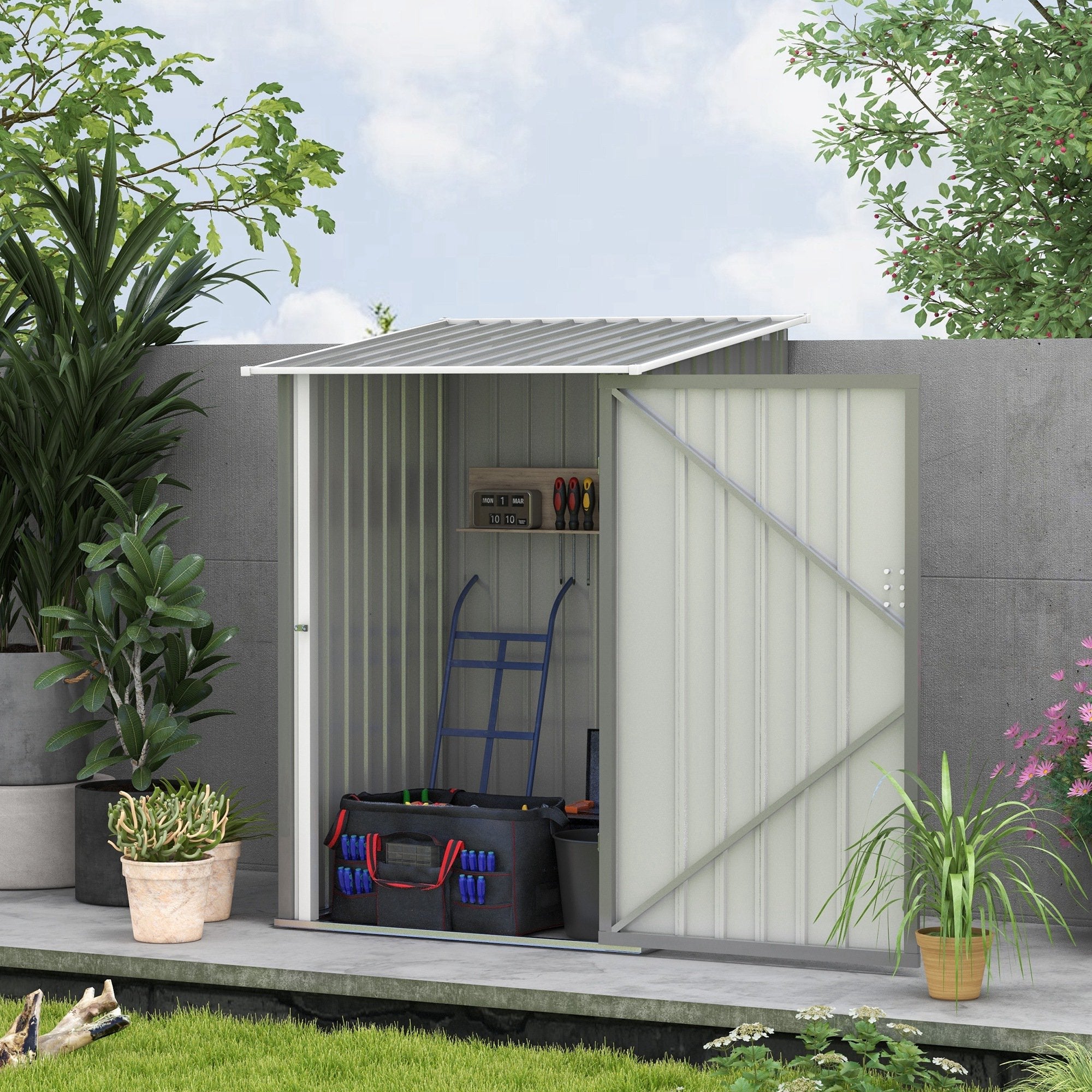 Outsunny Lean-to Garden Shed 3.3'x3.4' Secure Outdoor Steel Storage with Lockable Door Ideal for Patio Tools - Grey