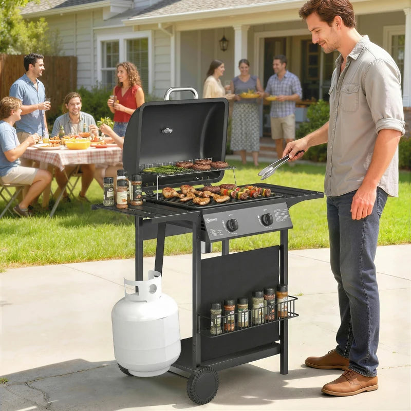 Outsunny 2-Burner Propane Gas Grill, 18000 BTU BBQ Grill with Wheels, Warming Rack, Shelf, Thermometer, Grease Cup, Black