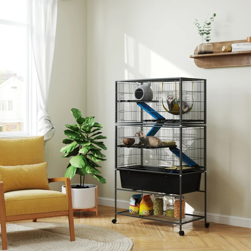 59" 5-Level Small Animal Cage, Rolling Ferret Cage with 6.3" Deep Tray, Non-Slip Cloth Covered Ramps, Hammock, Dark Grey