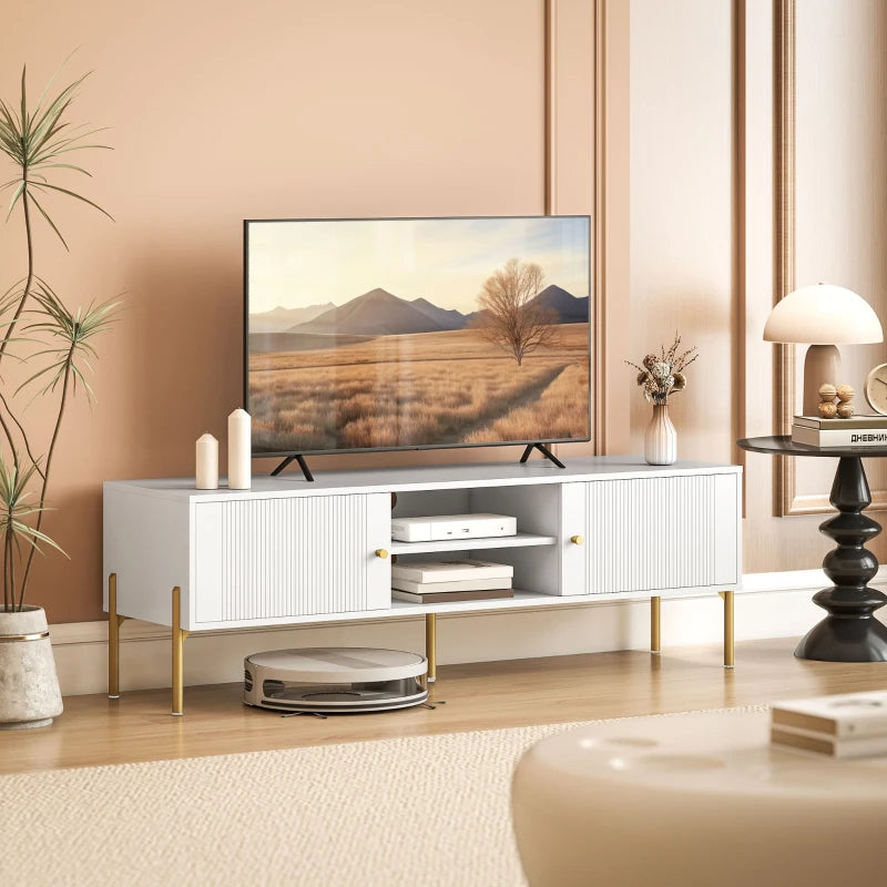 TV Stand for TVs up to 65", Entertainment Center with 2 Open Shelves, 2 Cabinets and Steel Legs for Living Room, White
