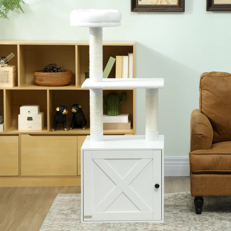 Cat Tree with Litter Box Enclosure, Sisal Covered Scratching Posts, Large Platform, Bed for Indoor Cats, White
