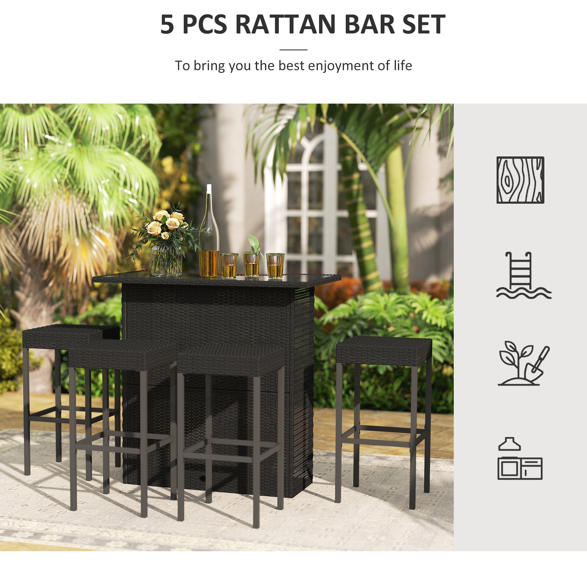Outsunny 5 Pieces Patio Bar Set, Outdoor PE Rattan Wicker High Top Outdoor Table and Chairs with Glass Top Bar Table and Shelfs, 4 Bar Chairs, Black