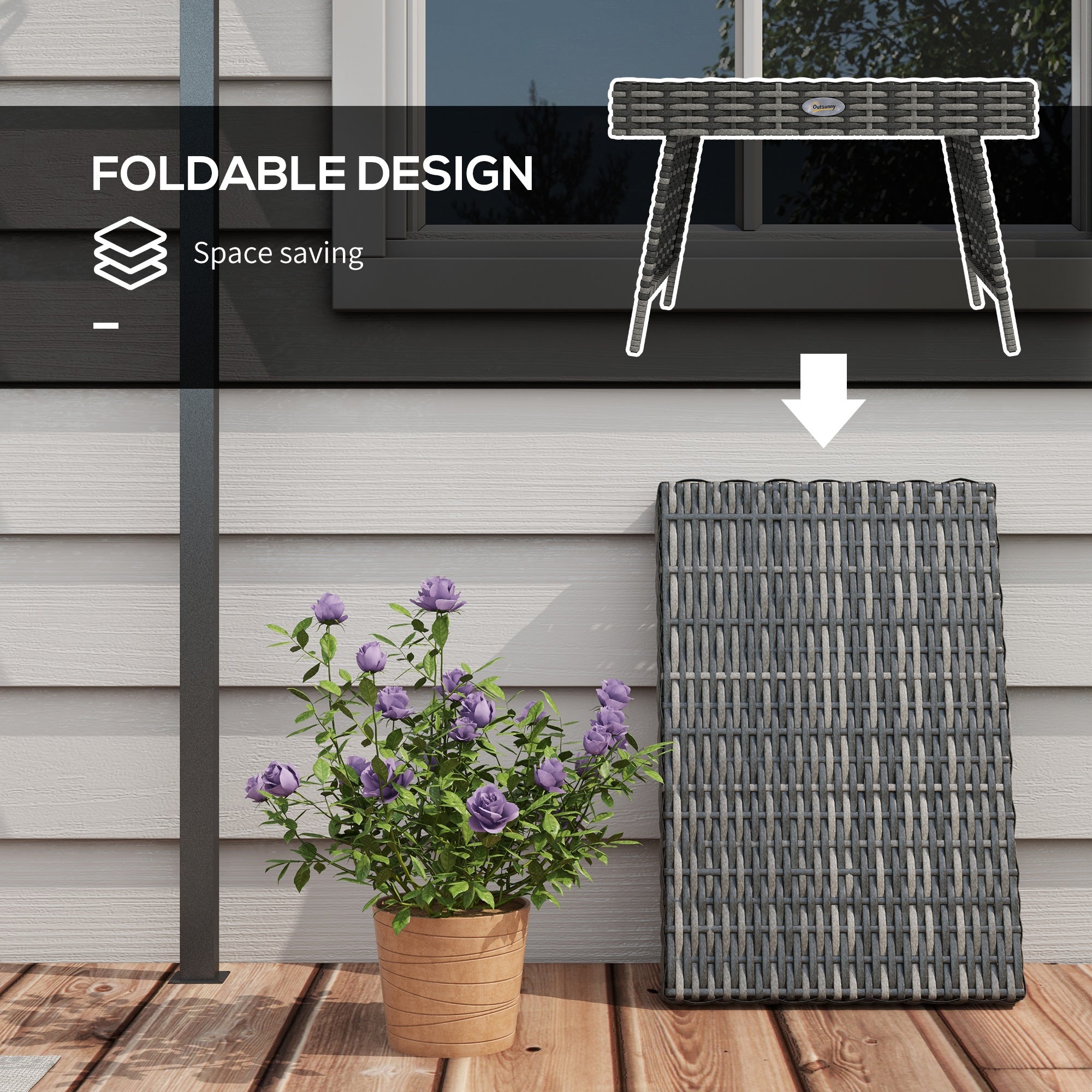 Outsunny Rattan Foldable End Table Outdoor Metal Frame Patio Wicker Coffee Table for Poolside Lawn Garden Mixed Grey