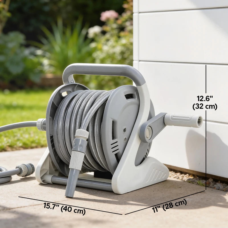 Portable Garden Hose Reel, 1/2" x 66ft Wall Mounted Hose Reel with 2 Patterns Spray Nozzle and Crank Handle, Grey