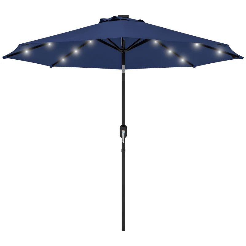 9ft Solar Patio Umbrella Outdoor Sunshade 24 LED Lights Tilt Canopy Navy Blue